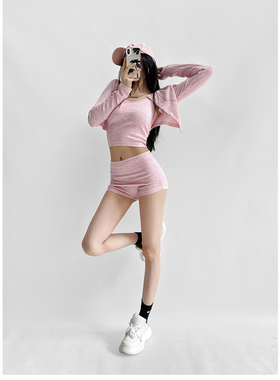 ZRSHOP美式辣妹性感短款露脐长袖T恤女修身显瘦打底上衣短裤套装