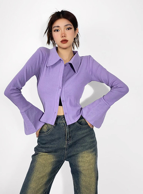 ZRSHOP美式复古POLO翻领喇叭袖针织开衫女修身显瘦排扣长袖短上衣