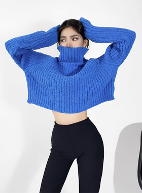 ZRSHOP欧美辣妹风高领毛衣女时尚慵懒风宽松短款坑条针织上衣外搭