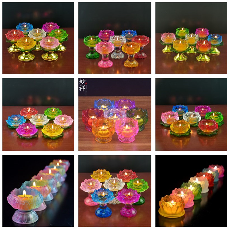 酥油灯座七彩水晶莲花蜡烛台仿琉璃八吉祥供杯无烟长明灯七色一套在类目 节庆用品/礼品, 蜡烛中 - 来自Buy2taobao.com提供专业的淘宝代购服务