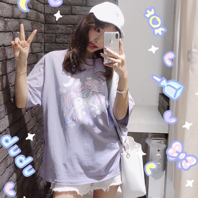 渔不二2018新款韩版宽松小马短袖T恤女夏中长款独角兽打底衫上衣在类目 女装/女士精品, T恤中 - 来自Buy2taobao.com提供专业的淘宝代购服务