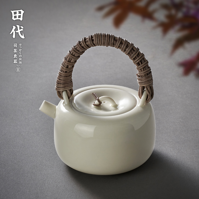 纯手工白泥小茶壶 藤提梁陶瓷煮茶壶泡茶壶单壶小号功夫茶壶茶具