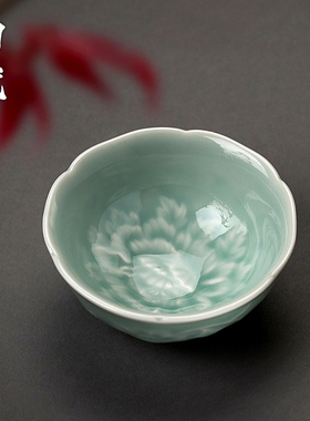 葵口品茶杯  手工陶瓷刻花牡丹品茗杯闻香主人杯功夫茶具小茶杯