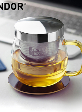 田代/耐热玻璃杯 茶杯水杯 不锈钢透明泡茶带盖过滤花茶杯杯子
