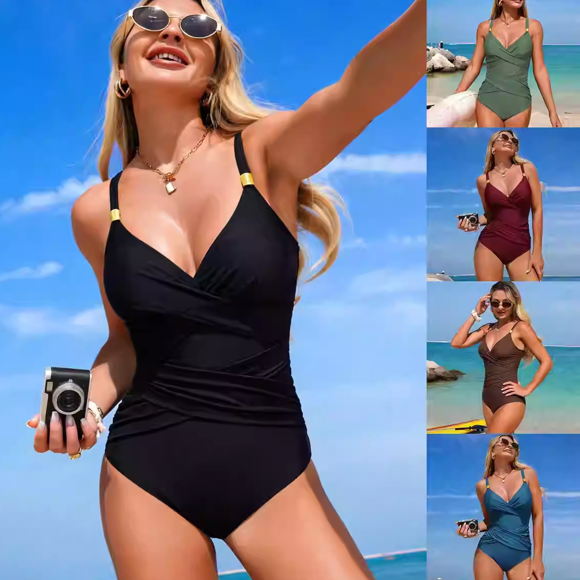 高级感性感游泳衣女式三角连体带胸垫双肩海边ins风大码泳装胖mm