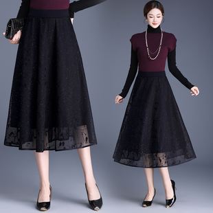 声雨竹绵羊毛半身裙2025秋冬新款百褶大摆裙蕾丝中长款网纱镶钻裙