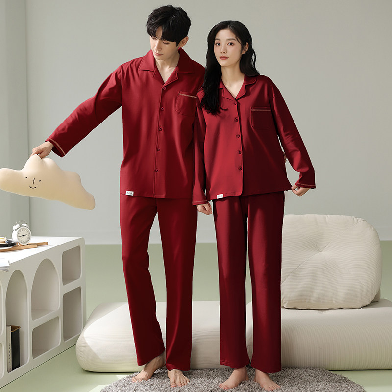 思馨坊睡衣结婚新婚情侣红色春秋款纯棉品质一男一女本命年家居服