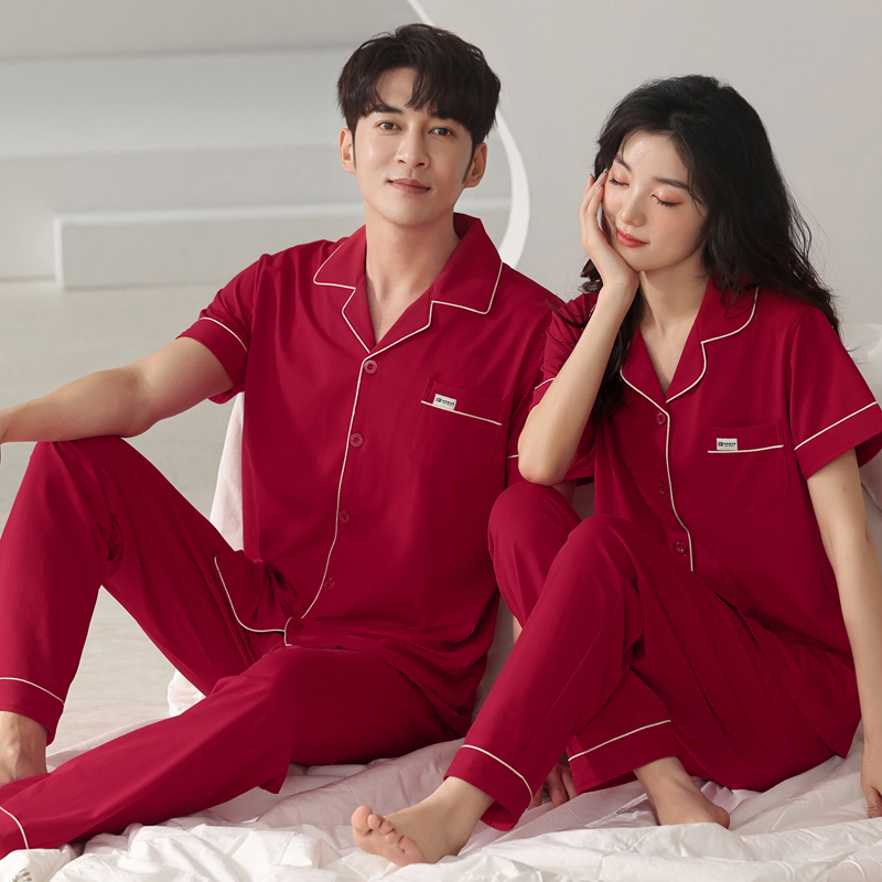 夏季情侣纯棉红色睡衣薄款家居服