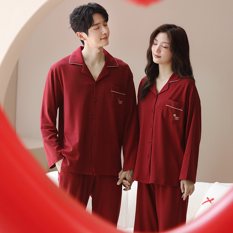 思馨坊情侣纯棉红色结婚秋冬睡衣