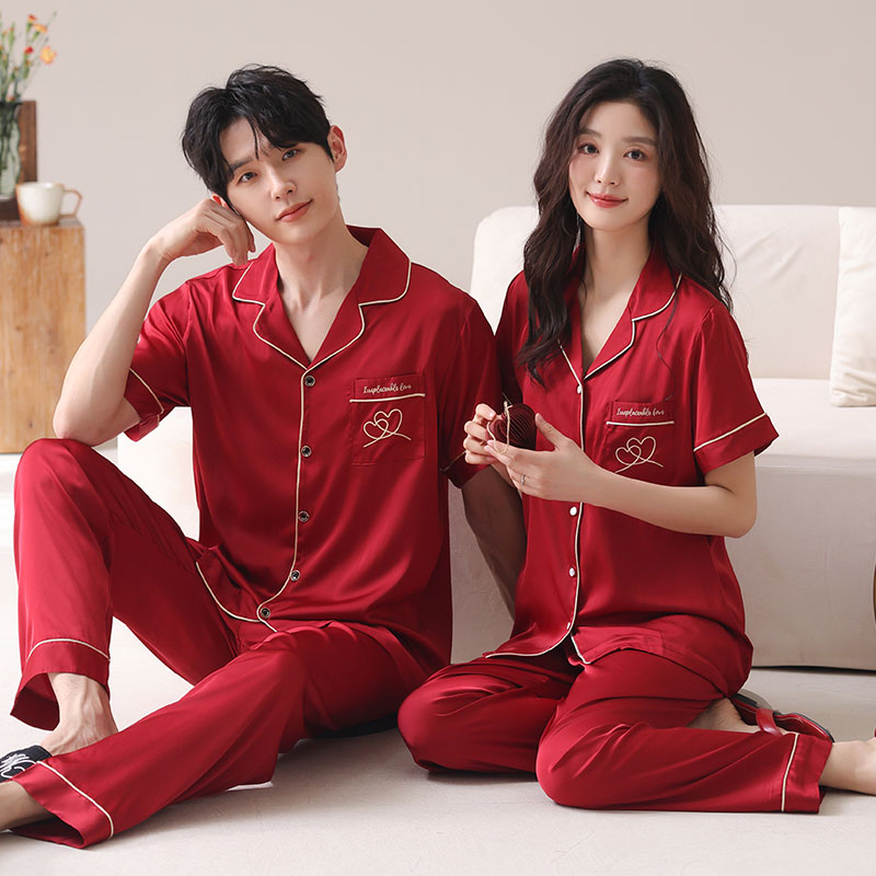 情侣冰丝红色结婚睡衣可外穿套装