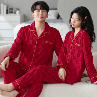 套装 莱卡棉超柔情侣睡衣纯棉家居服新婚男结婚本命年红色春秋款 女