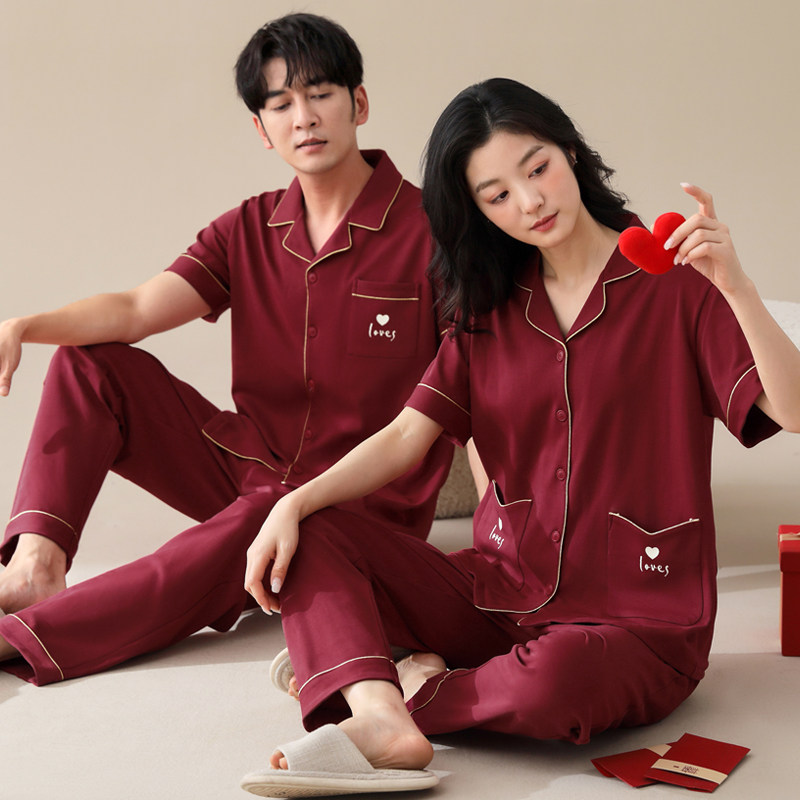 思馨坊纯棉红色结婚夏季短袖睡衣