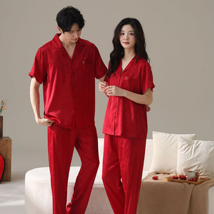 家居服套装 思馨坊本命年睡衣红色冰丝新中式 竹叶男女士2025年新款
