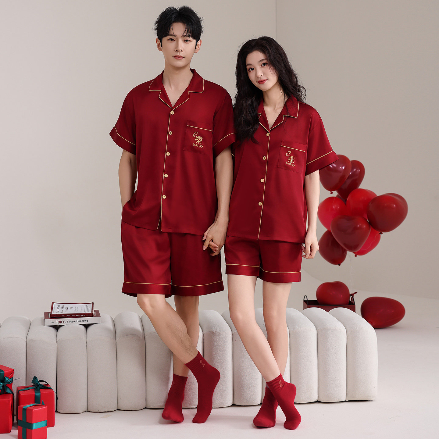 思馨坊情侣睡衣冰丝夏季新婚短袖短裤喜字家居服男女士开衫套装夏