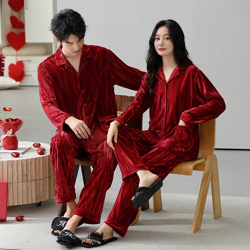思馨坊金丝绒情侣红色结婚睡衣秋