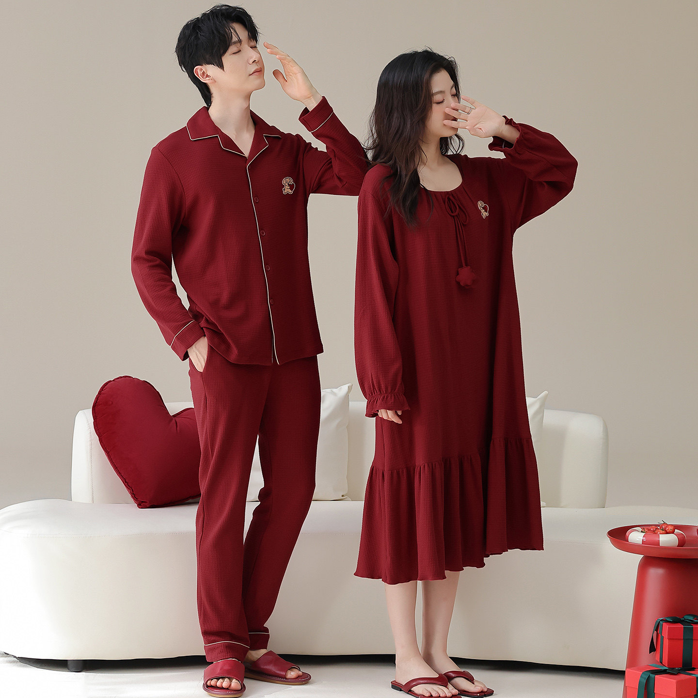 思馨坊红色睡裙情侣结婚睡衣套装