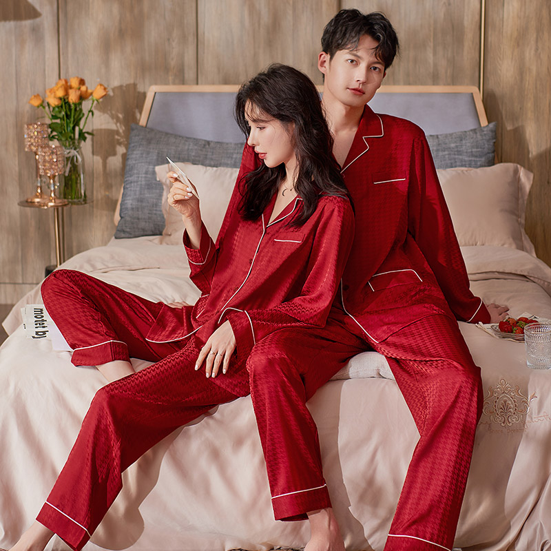 思馨坊结婚睡衣女春秋冰丝长袖新婚红色千鸟格高级感情侣家居服男