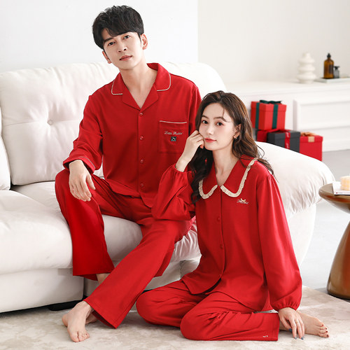 情侣纯棉红色睡衣家居服