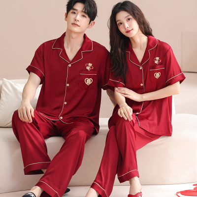思馨坊情侣夏季短袖冰丝红色睡衣