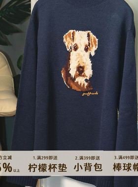 777男女同款复古卷边高领手工嵌花工艺美式复古猎狐梗犬毛衣羊毛