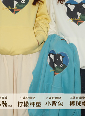 好朋友复古商店·美式复古奶牛贴布绣加厚摇粒绒连帽卫衣女秋冬款