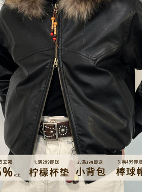 7773M新雪丽云纤棉捕梦夹克重磅复古皮衣PU男女同款保暖真毛