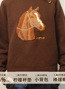 好朋友复古商店·羊毛美式复古撞色小马图案针织圆领毛衣秋冬百搭