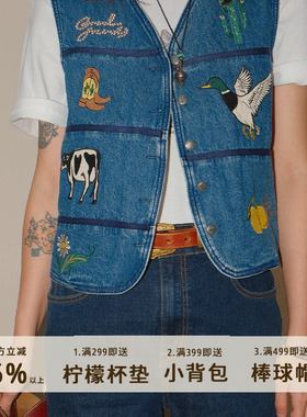 美式复古经典农场牛仔马甲vintage风格重工贴布绣