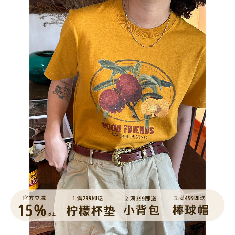 777TRIPLESEVEN美式复古落日黄圆筒无缝260g油桃纯棉短袖T恤情侣