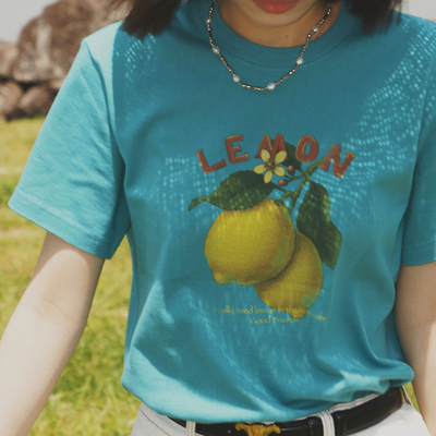 777复古薄荷绿手绘做旧纯棉柠檬复古画报圆筒纯棉男女同款短袖