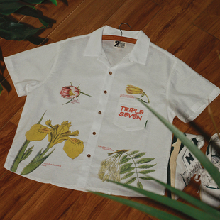 777TRIPLESEVEN夏日原创美式 情侣 复古宽松纯天然棉麻植物图鉴衬衫