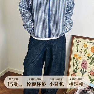 777男女同款美式复古定织复古蓝白格纹纯棉薄夹克冲锋衣宽松外套