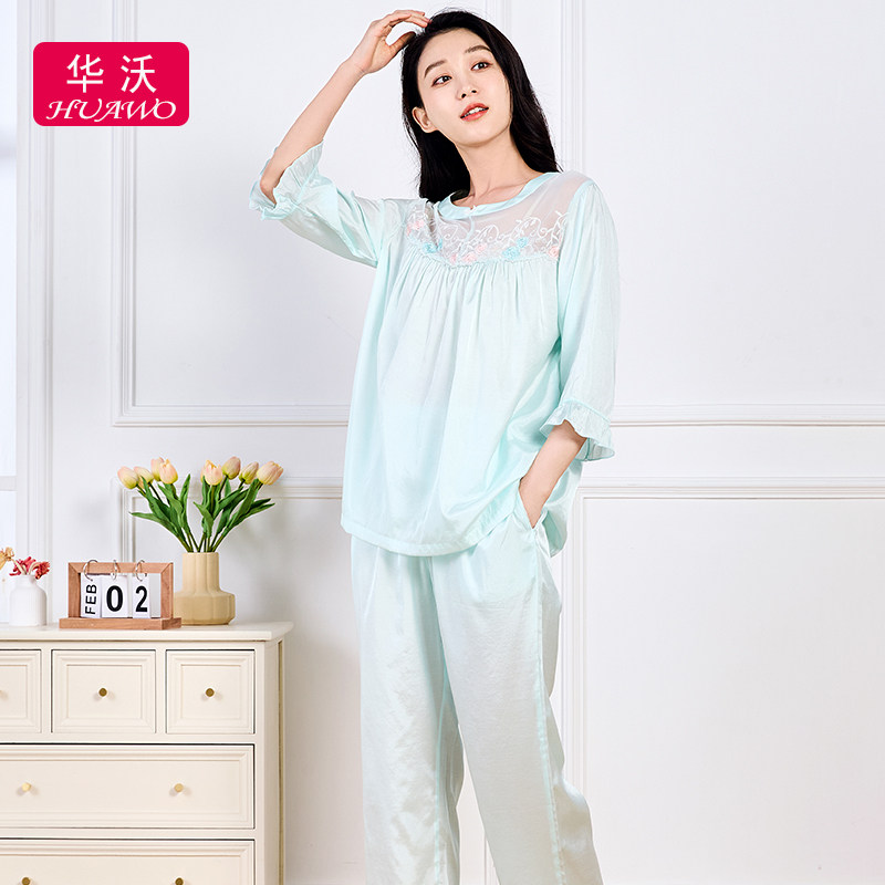 2025新薄款七分袖睡衣九分裤女夏蕾丝韩天丝宽松大码家居服两件套