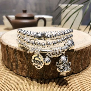 S925纯银珠手链女泰银招财猫复古民族风文艺百搭多圈时尚 手串新款