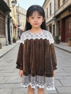 女中童春秋连衣裙2026新款长袖洋气棕色金丝绒裙子休闲公主裙