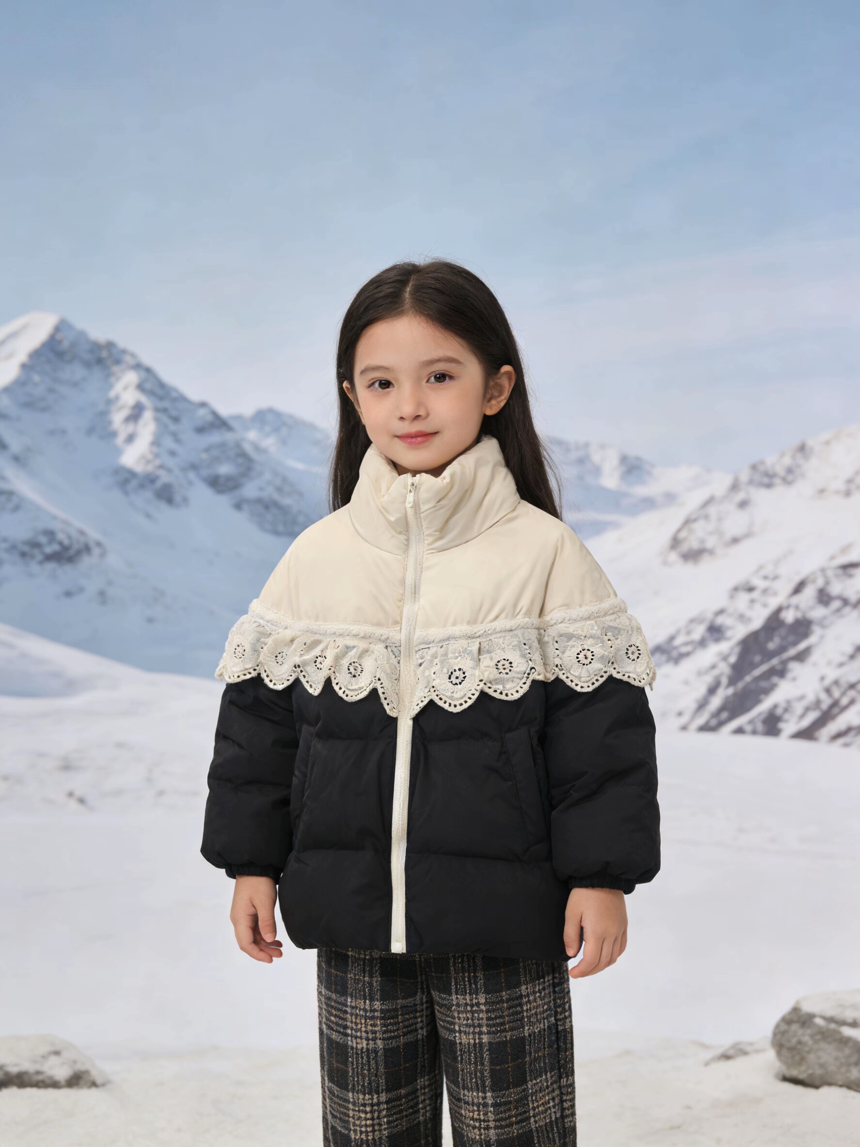 断码处理冬季款韩版女童小童白鸭绒花边拼色小香风羽绒服外套