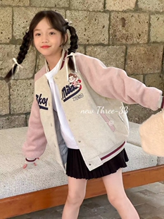 韩版冬装女童中大童夹棉中兔毛呢子外套卡通拼接棒球服休闲棉衣服
