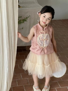 女童夏款汉服古风民国风2025新款唐装公主裙古装儿童演出服网纱裙