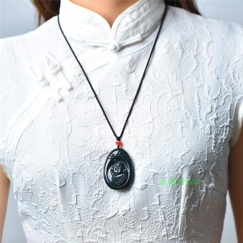 正品新疆和田玉佛挂件笑佛玉石天然青玉吊坠弥勒佛包衣佛玉佩附证