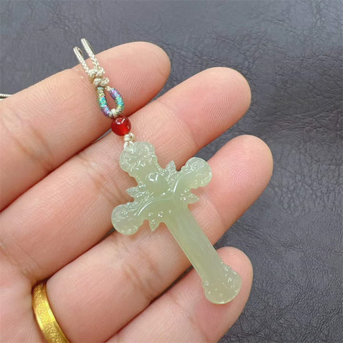 和田玉青白玉十字架吊坠挂件项链