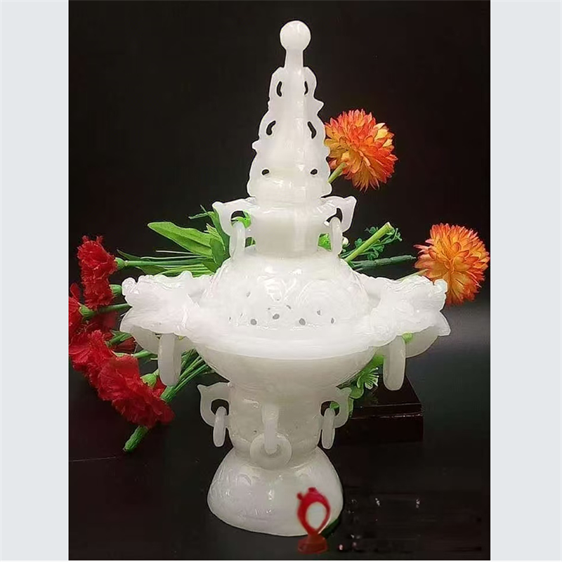 天然阿富汗白玉香炉摆件香熏炉镂空雕件仿古供奉桌面玉石装饰品