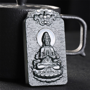 和田玉黑青玉塔青细料观音吊坠莲花观音挂件双面雕刻合手观音项链