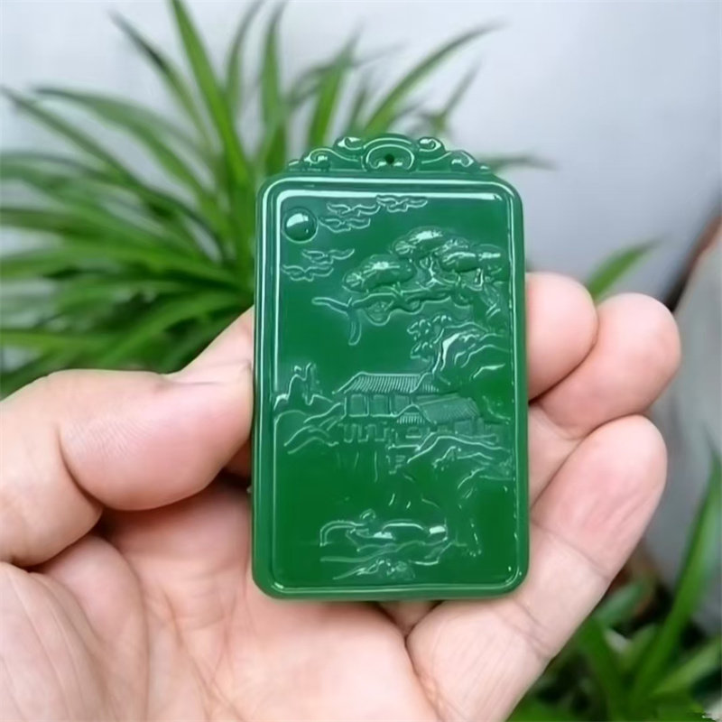 天然新疆和田玉碧玉山水牌毛衣链