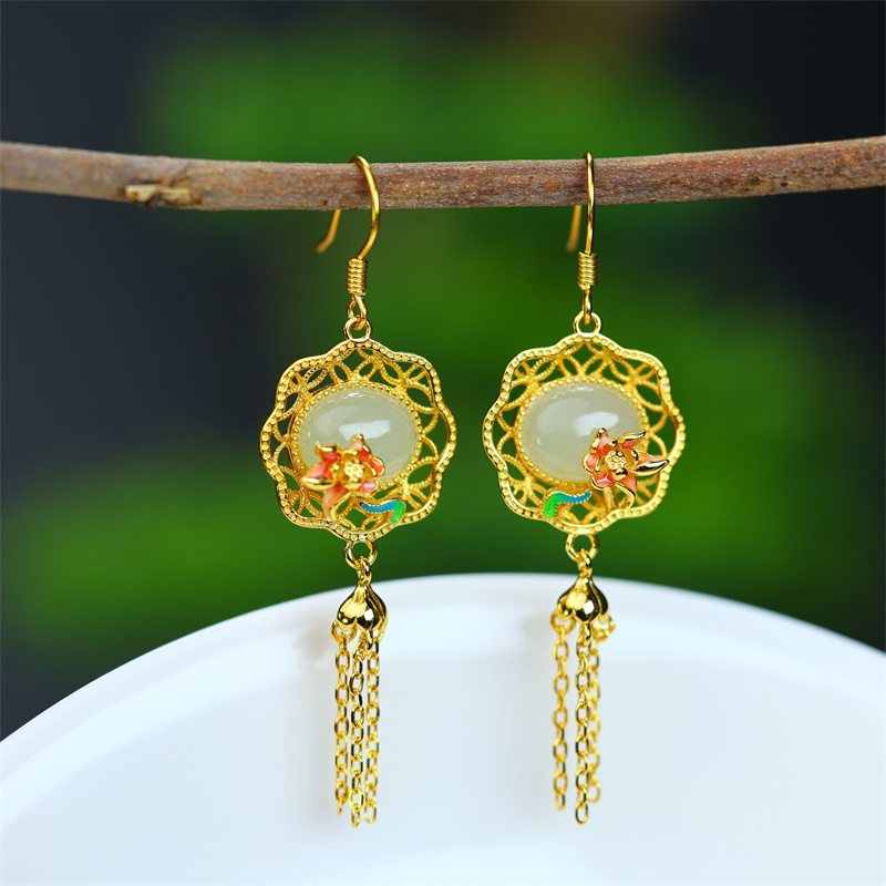 天然和田玉蛋面白玉珐琅流苏耳坠