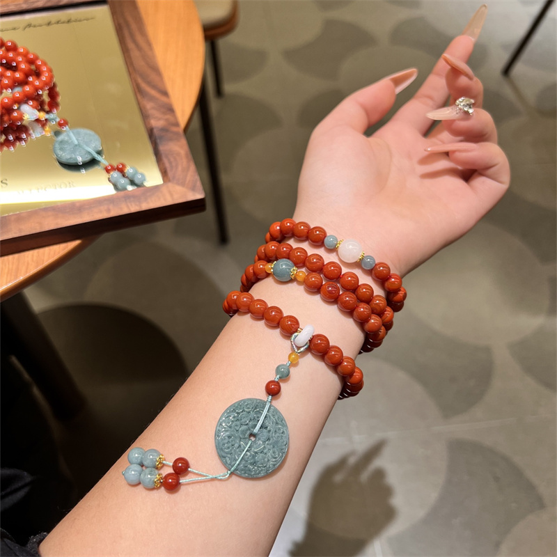 天然红玛瑙配和田玉平安扣毛衣链