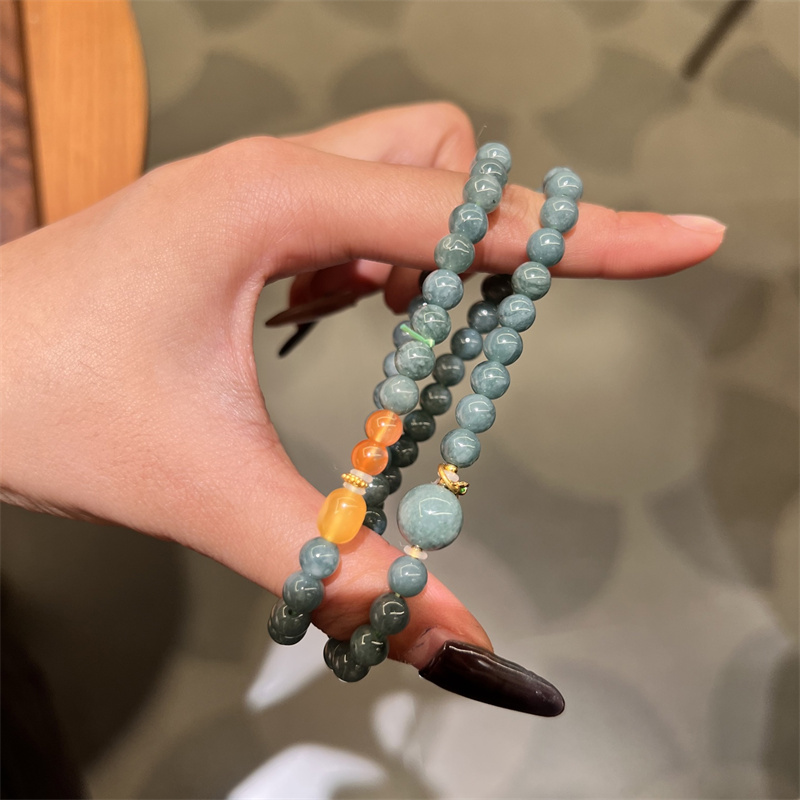 天然翡翠配蜜蜡双圈多宝手链饰品