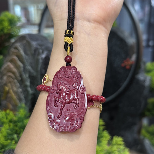 天然朱砂生肖马项链紫金砂毛衣链
