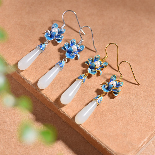 天然和田玉白玉珐琅柱形银饰耳坠