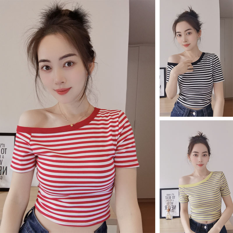 设计感斜肩条纹短袖T恤女韩版辣妹修身短款露脐露肩棉上衣夏季INS