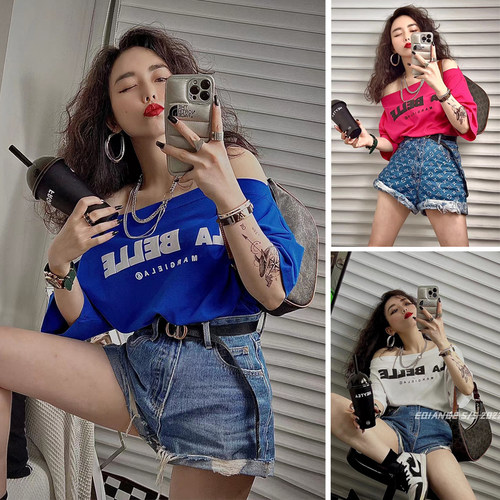 短袖T恤韩版斜肩一字肩纯棉女